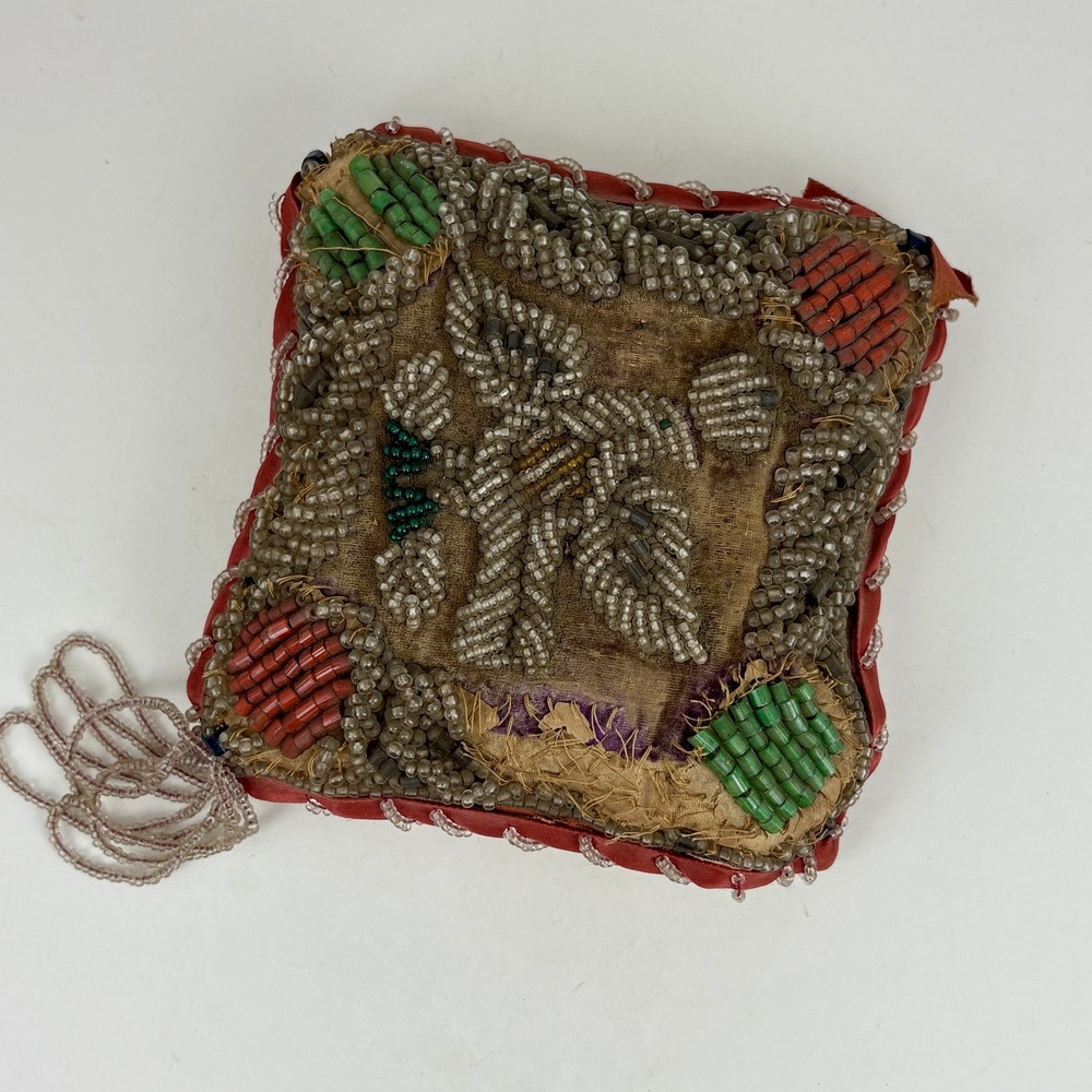 Rare Iroquois Mohawk Square Beaded Cushion Whimsy Native American Antique 8x8‎